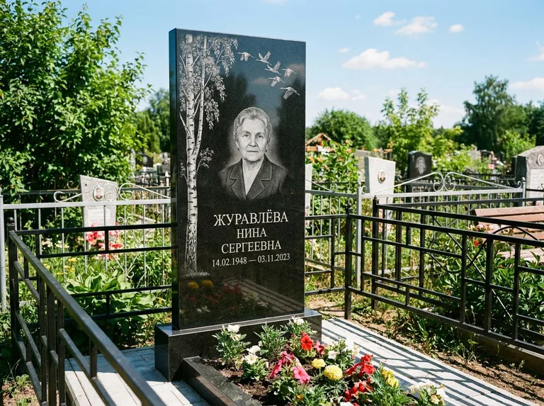 Памятник с гравировкой берёзы — гравировка берёзы с журавлиным клином в небе, работа «Журавлёва» в Туле