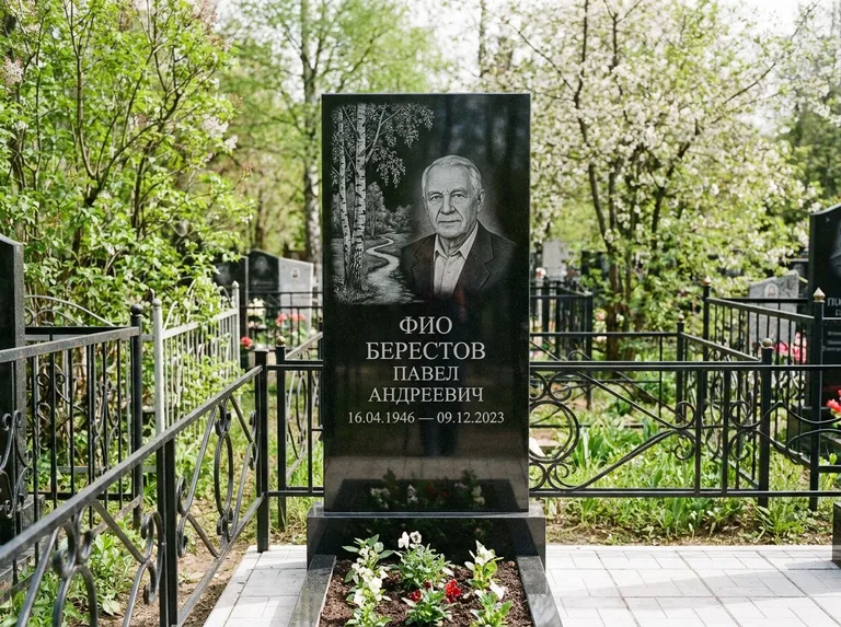 Памятник с гравировкой берёзы — гравировка берёзы у тропинки, уходящей вдаль, работа «Берестов» в Туле