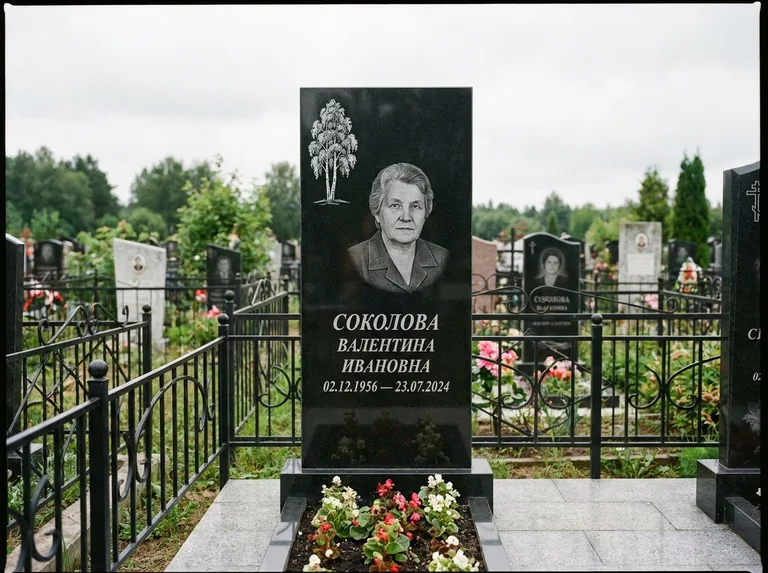 Памятник с гравировкой берёзы — гравировка одинокой берёзы над именем, работа «Соколова» в Туле