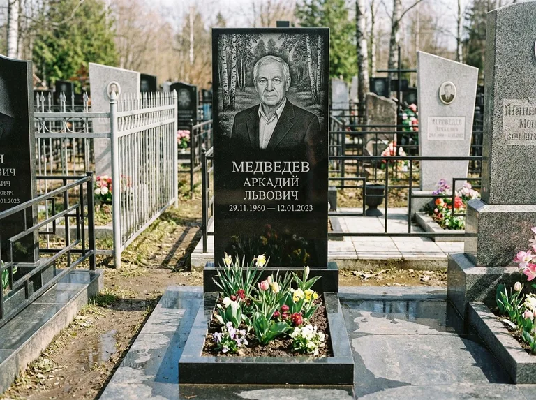 Памятник с гравировкой берёзы — гравировка берёзовой рощи в глубину, работа «Медведев» в Туле