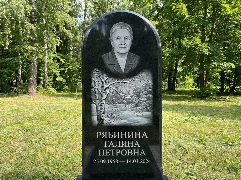 Памятник с гравировкой берёзы: стела с плавным арочным верхом — зимняя берёза, снег на ветвях, газон без ограды, стриженая трава, работа «Рябинина» в Туле