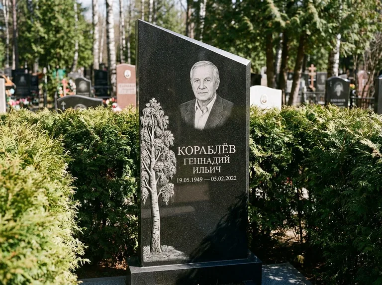 Памятник с гравировкой берёзы: асимметричная скошенная стела — объёмная одинокая берёза с фактурной корой, живая изгородь из туи, работа «Кораблёв» в Туле