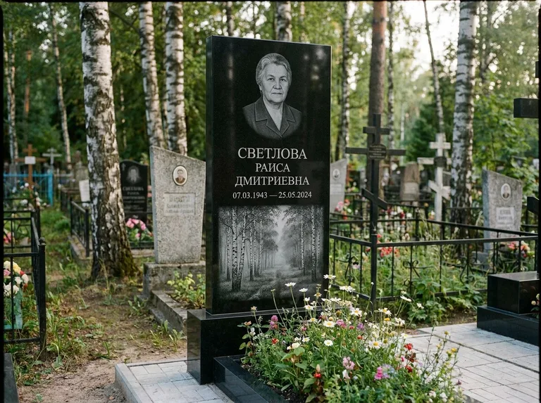 Памятник с гравировкой берёзы: двойная семейная стела — берёзовая роща в лёгкой дымке, цветник с полевыми цветами, работа «Светлова» в Туле