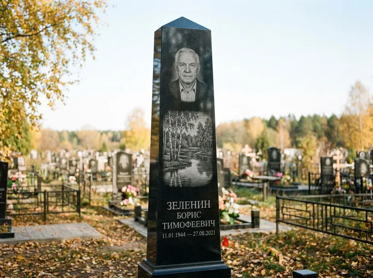 Памятник с гравировкой берёзы: гранёный обелиск-колонна — берёза у воды с отражением, открытый участок, мягкий свет, работа «Зеленин» в Туле