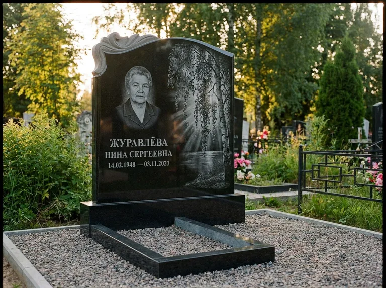 Памятник с гравировкой берёзы: стела с фигурным резным верхом — плакучая берёза в контровом свете, гравийная отсыпка, рассвет, работа «Журавлёва» в Туле