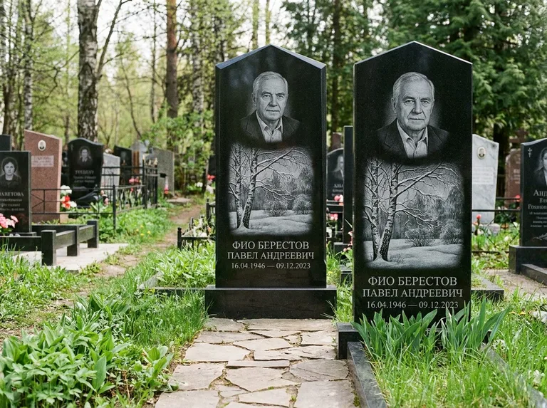 Памятник с гравировкой берёзы: массивная стела с двускатным навершием — зимняя берёза, снег на ветвях, дорожка из природного плитняка, работа «Берестов» в Туле