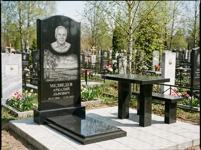 Памятник с гравировкой берёзы: стела с гранитным столиком и скамьёй — берёза у поля, простор до горизонта, семейный участок с плиткой, работа «Медведев» в Туле