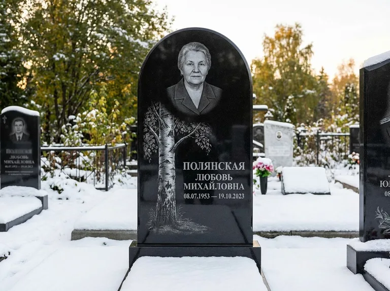 Памятник с гравировкой берёзы: полукруглая стела — объёмная одинокая берёза с фактурной корой, заснеженный зимний участок, работа «Полянская» в Туле