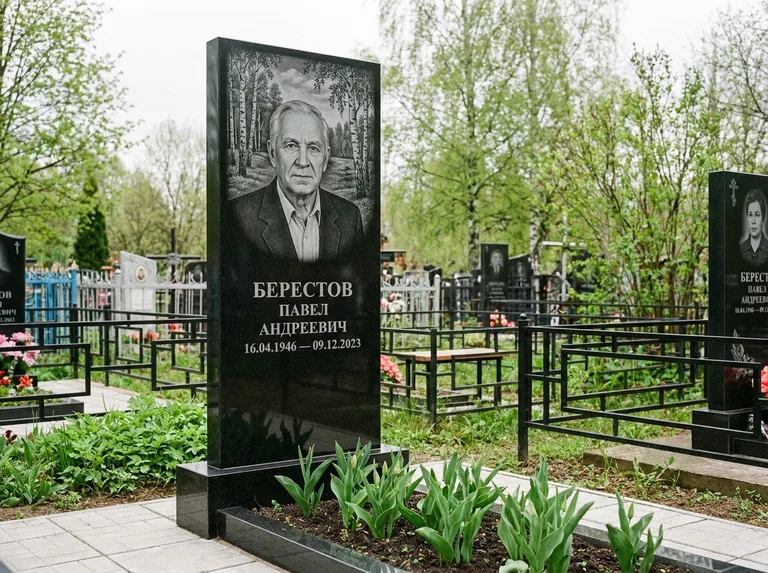 Памятник с гравировкой берёзы — гравировка берёзовой рощи в глубину, работа «Берестов» в Туле