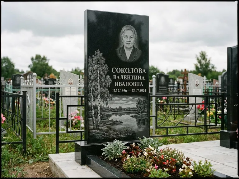 Памятник с гравировкой берёзы — гравировка берёзы у зеркального озера, работа «Соколова» в Туле