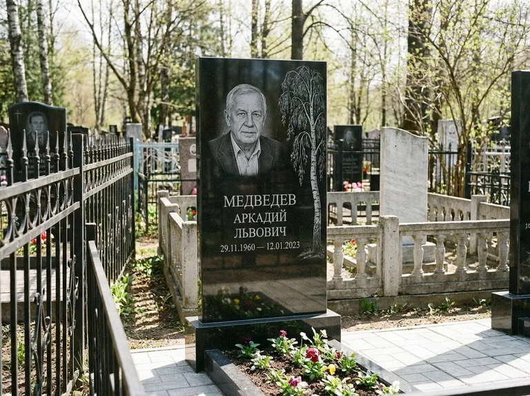 Памятник с гравировкой берёзы — гравировка плакучей берёзы с тонкими ветвями, работа «Медведев» в Туле