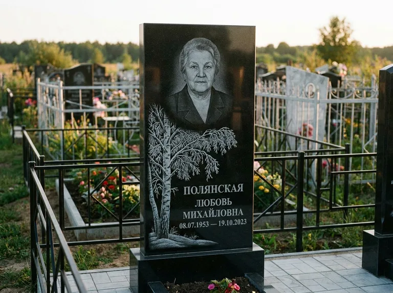 Памятник с гравировкой берёзы — гравировка зимней берёзы в инее, работа «Полянская» в Туле