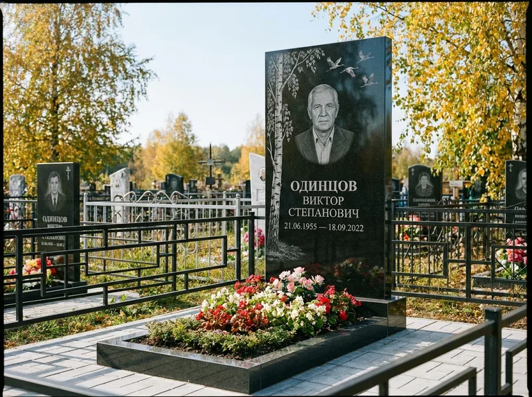 Памятник с гравировкой берёзы — гравировка берёзы с журавлиным клином в небе, работа «Одинцов» в Туле
