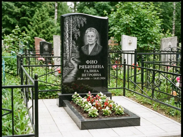 Памятник с гравировкой берёзы — гравировка берёзы у тропинки, уходящей вдаль, работа «Рябинина» в Туле