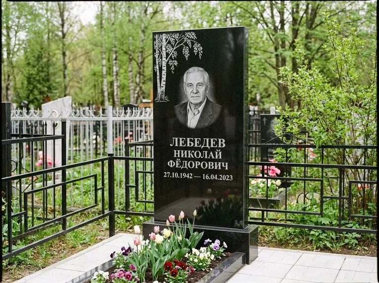 Памятник с гравировкой берёзы — гравировка одинокой берёзы над именем, работа «Лебедев» в Туле