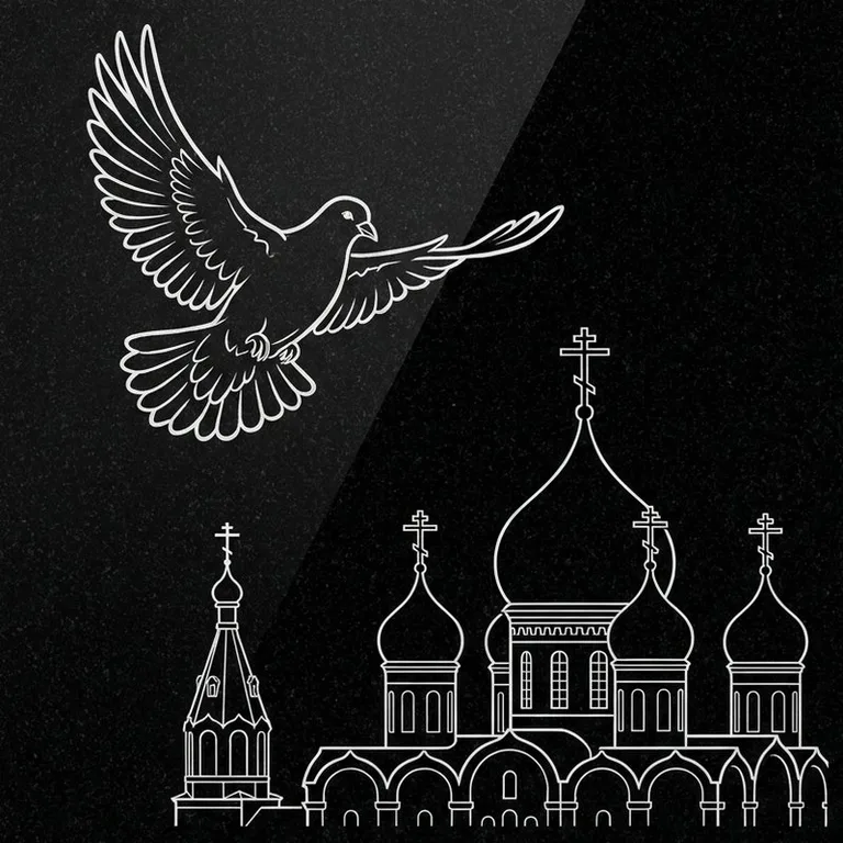 Эскиз гравировки голубей на памятник — голубь в небе над храмом в Туле