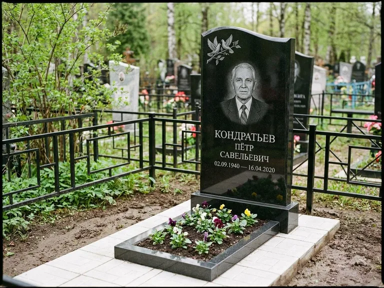 Памятник с гравировкой голубей — гравировка пары голубей на ветке в верхнем углу стелы, работа «Кондратьев» в Туле