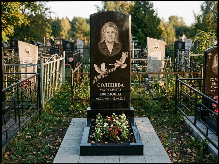 Памятник с гравировкой голубей — гравировка двух летящих голубей с лентой по диагонали стелы, работа «Солнцева» в Туле