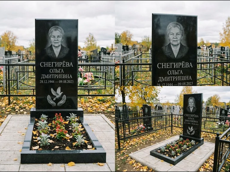 Памятник с гравировкой голубей — гравировка голубя над раскрытыми ладонями внизу стелы, работа «Снегирёва» в Туле