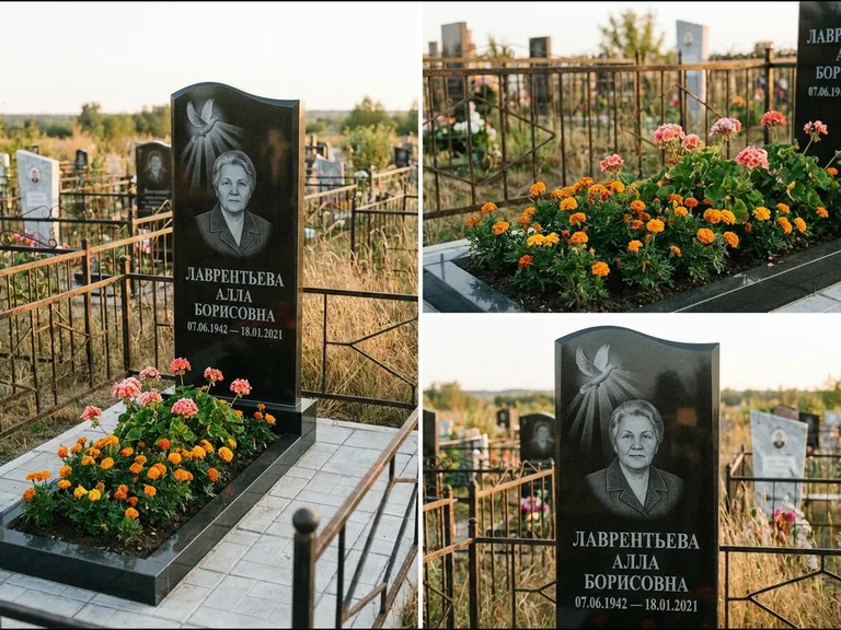 Памятник с гравировкой голубей — гравировка голубя в лучах света над портретом, работа «Лаврентьева» в Туле
