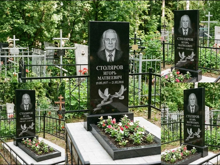 Памятник с гравировкой голубей — гравировка двух летящих голубей с лентой по диагонали стелы, работа «Столяров» в Туле