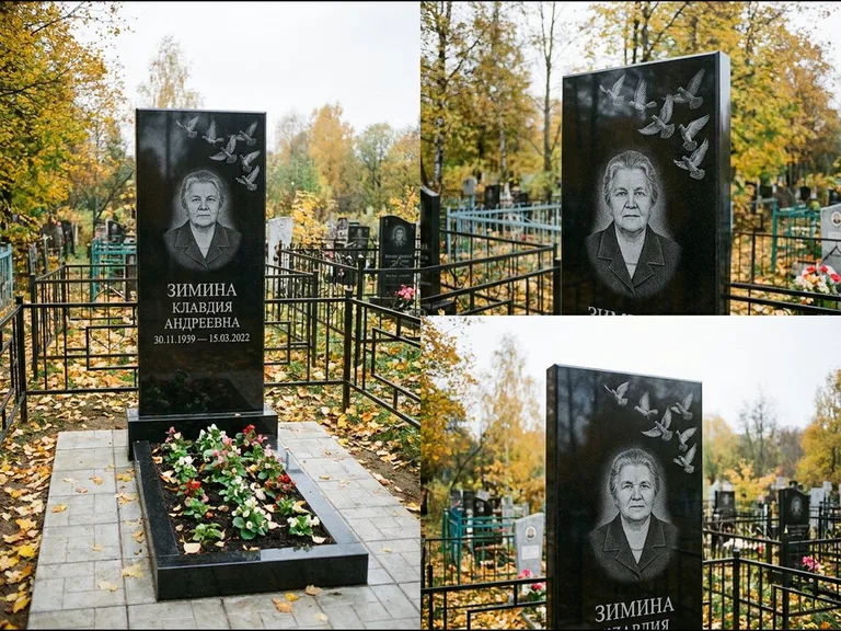 Памятник с гравировкой голубей — гравировка стаи голубей, взлетающей от угла стелы, работа «Зимина» в Туле