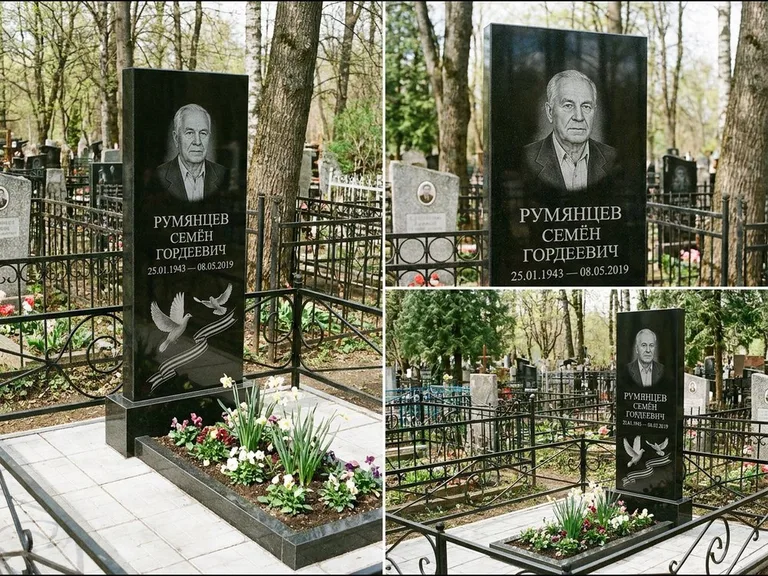 Памятник с гравировкой голубей — гравировка двух летящих голубей с лентой по диагонали стелы, работа «Румянцев» в Туле