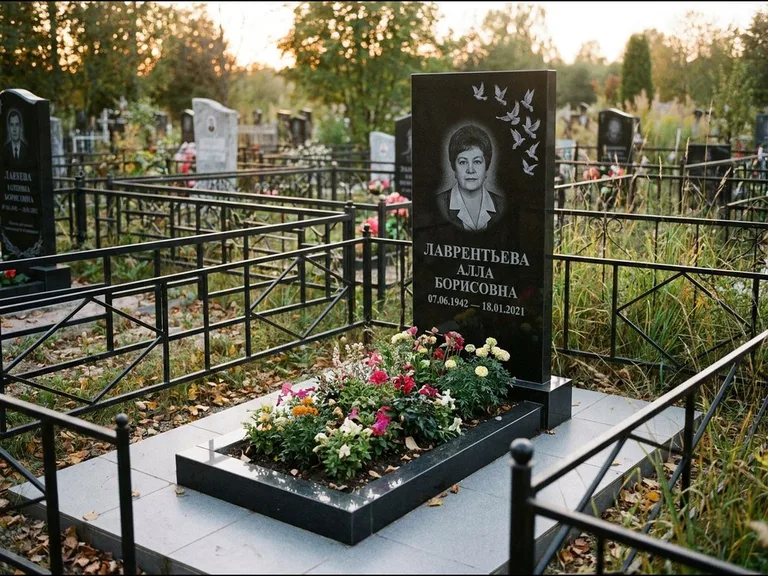 Памятник с гравировкой голубей — гравировка стаи голубей, взлетающей от угла стелы, работа «Лаврентьева» в Туле