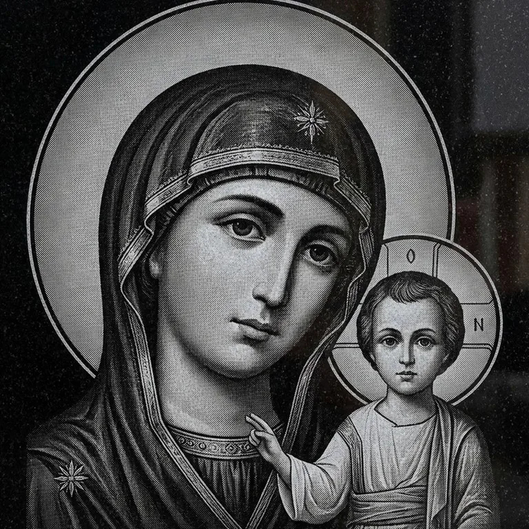 Эскиз иконы: Казанская (полутон) — детальный образ Богородицы, гравировка на памятник в Туле