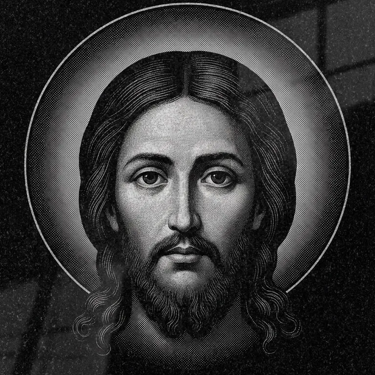 Эскиз иконы: Спас Нерукотворный (полутон) — детальный лик на убрусе, гравировка на памятник в Туле