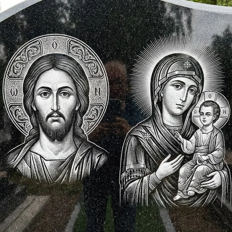 Эскиз иконы: Спаситель и Богородица — парные образы симметрично, гравировка на памятник в Туле