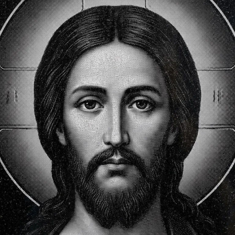 Эскиз иконы: Спас Вседержитель (полутон) — объёмный лик, светотень, гравировка на памятник в Туле