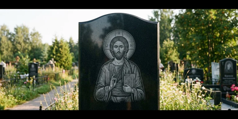 Иконы для гравировки на памятник в Туле — образ на стеле из чёрного гранита с ручной доводкой лика