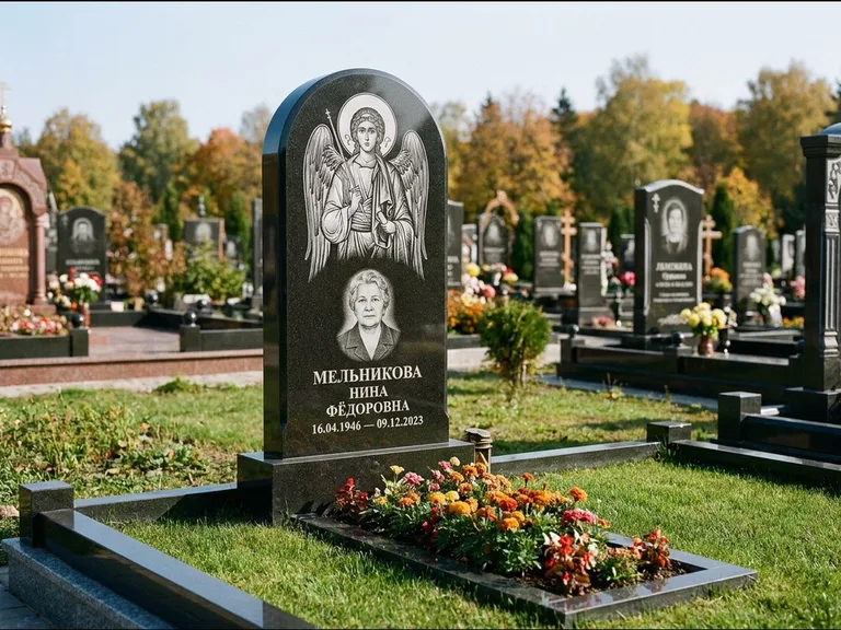 Памятник с гравировкой иконы — икона над портретом усопшего, работа «Журавлёв» в Туле
