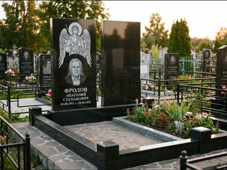 Памятник с гравировкой иконы: стела с резной рамкой вокруг иконы — Архангел Михаил на стеле, белая мраморная крошка с бордюром, работа «Богданова» в Туле