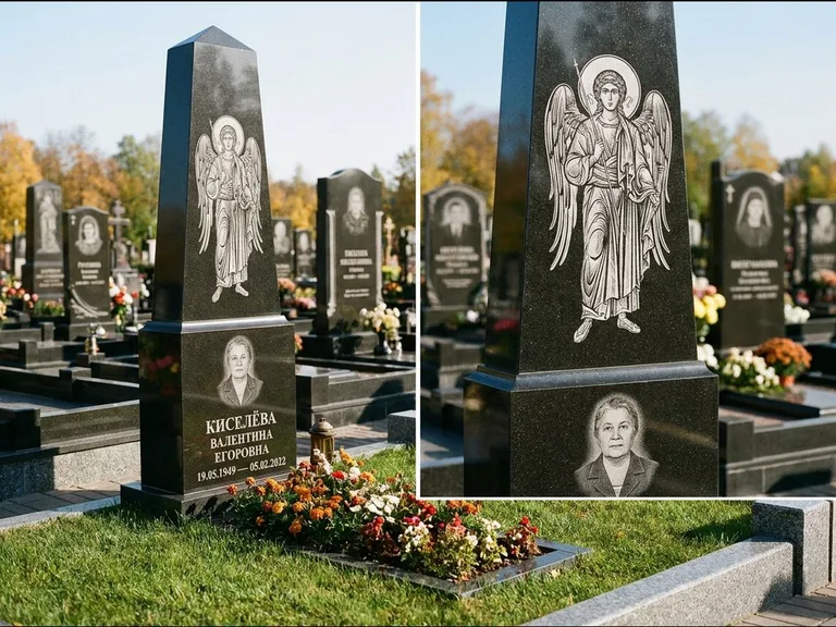 Памятник с гравировкой иконы: асимметричная скошенная стела — гравировка образа Спасителя, живая изгородь из кустарника, работа «Третьяков» в Туле