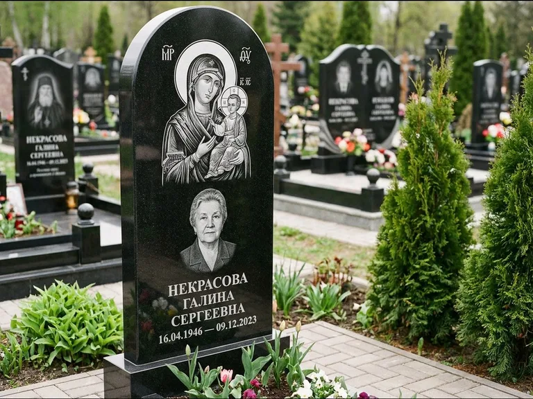Памятник с гравировкой иконы: фигурная стела с киот-нишей под икону — икона в резной рамке-киоте, светлая гравийная отсыпка, работа «Журавлёв» в Туле