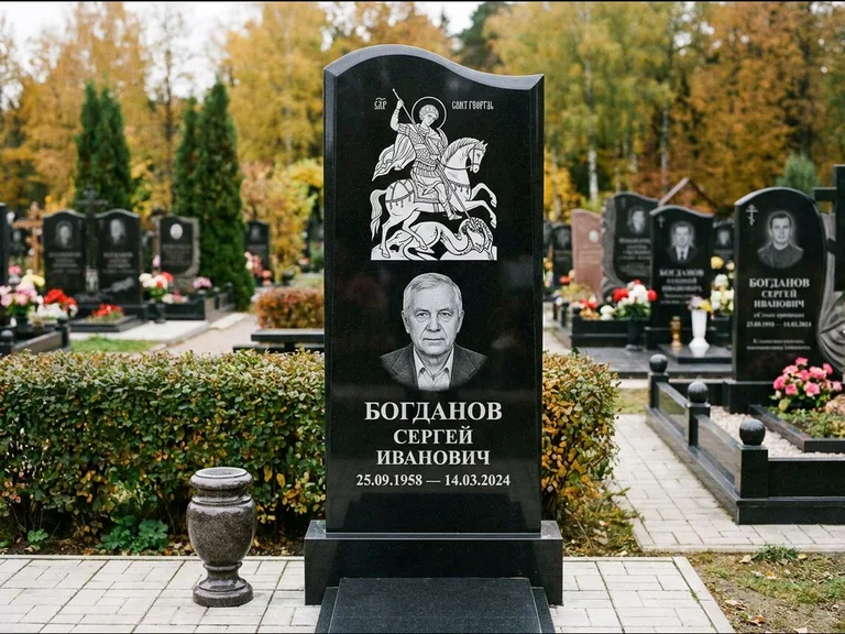 Памятник с гравировкой иконы: монументальный семейный мемориал из двух стел на общем цоколе — гравировка Николая Чудотворца, мощёная гранитная площадка без ограды, работа «Раевская» в Туле