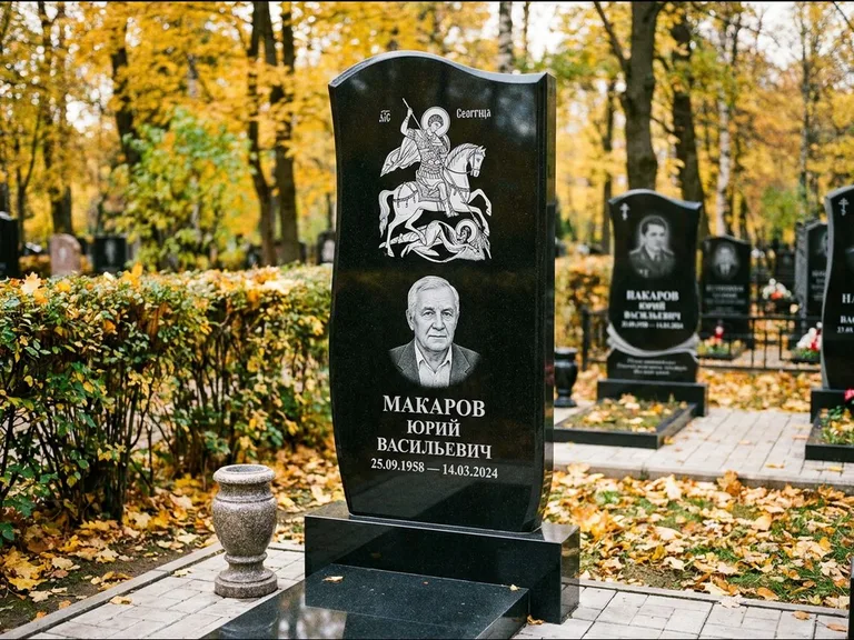 Памятник с гравировкой иконы — икона над портретом усопшего, работа «Раевская» в Туле