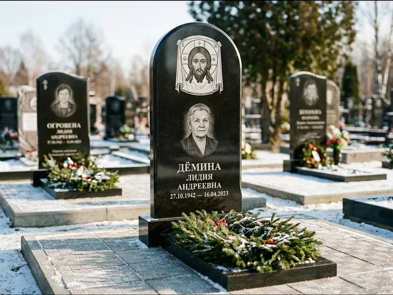 Памятник с гравировкой иконы — икона Спаса Вседержителя над именем усопшего, работа «Ковалёв» в Туле
