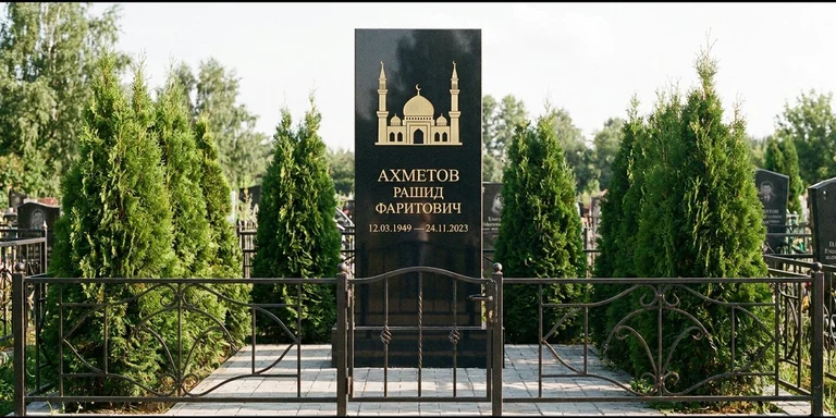 Гравировка мечети на памятник в Туле — стела из чёрного гранита, оформление по канонам ислама