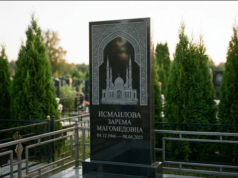 Мусульманский памятник с гравировкой мечети — мечеть в восточной арке с орнаментом, работа «Исмаилова» в Туле