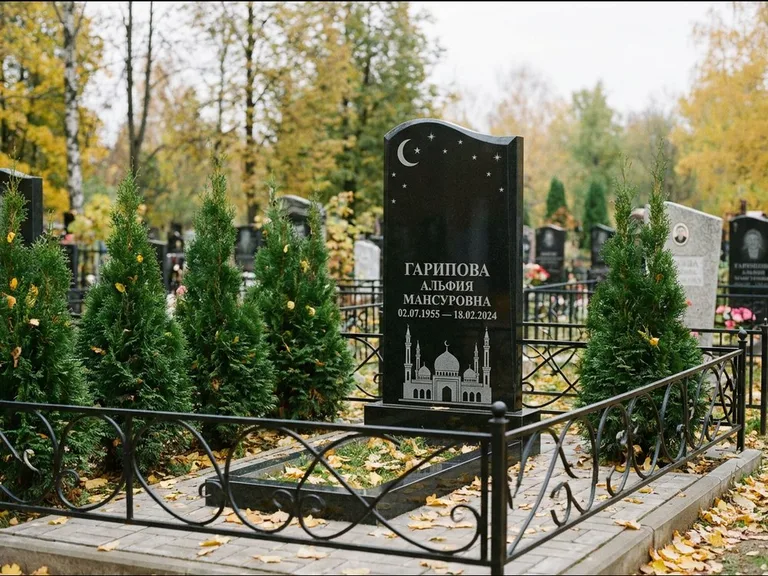 Мусульманский памятник с гравировкой мечети — мечеть с луной в ночном небе, работа «Гарипова» в Туле