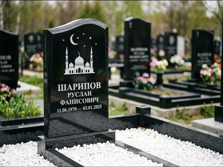 Мусульманский памятник с гравировкой мечети: стела с волнообразным скошенным верхом — гравировка мечети под полумесяцем и звёздами, белая мраморная крошка с бордюром, работа «Шарипов» в Туле