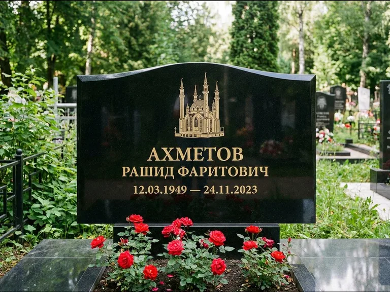 Мусульманский памятник с гравировкой мечети: широкая двойная семейная стела — золочёная гравировка мечети, цветник с красными розами, работа «Ахметов» в Туле