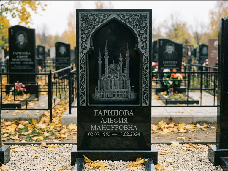 Мусульманский памятник с гравировкой мечети: фигурная стела с михраб-нишей — гравировка мечети в михраб-арке с орнаментом, светлая гравийная отсыпка, работа «Гарипова» в Туле