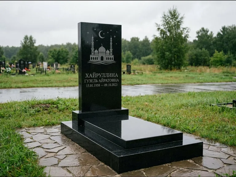 Мусульманский памятник с гравировкой мечети: ступенчатая двухуровневая стела — гравировка мечети под полумесяцем и звёздами, каменная дорожка из плитняка, работа «Хайруллина» в Туле