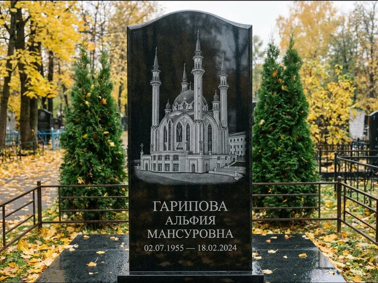 Мусульманский памятник с гравировкой мечети — мечеть Кул-Шариф на обороте стелы, работа «Гарипова» в Туле