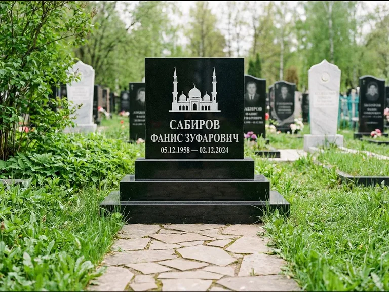 Мусульманский памятник с гравировкой мечети: ступенчатая трёхуровневая стела — золочёная гравировка мечети, дорожка из природного плитняка, работа «Юсупов» в Туле