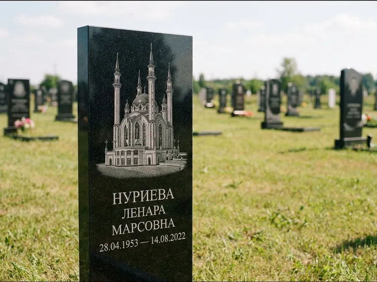 Мусульманский памятник с гравировкой мечети: узкая вертикальная стела-пилон — гравировка мечети в михраб-арке с орнаментом, открытая лужайка без ограды, работа «Хайруллина» в Туле